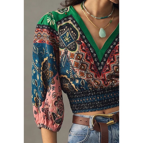FARM Rio Tops - Farm Rio for Anthropologie Deep-V PuffSleeve Top Boho Print Smocked Blouse Small